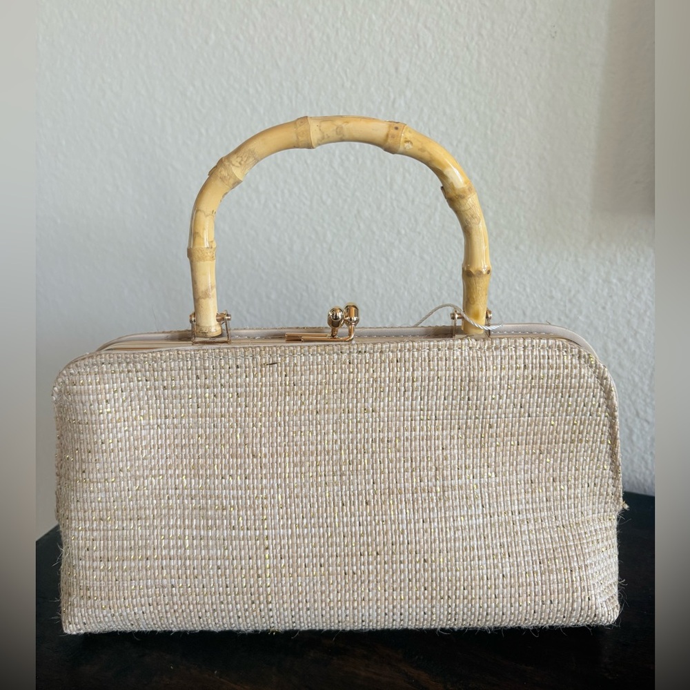 Tommy Bahama Beige Woven Clutch with Bamboo Handle - Picture 2 of 6